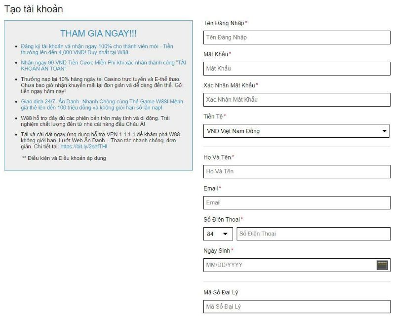 giao diện đăng ký w88